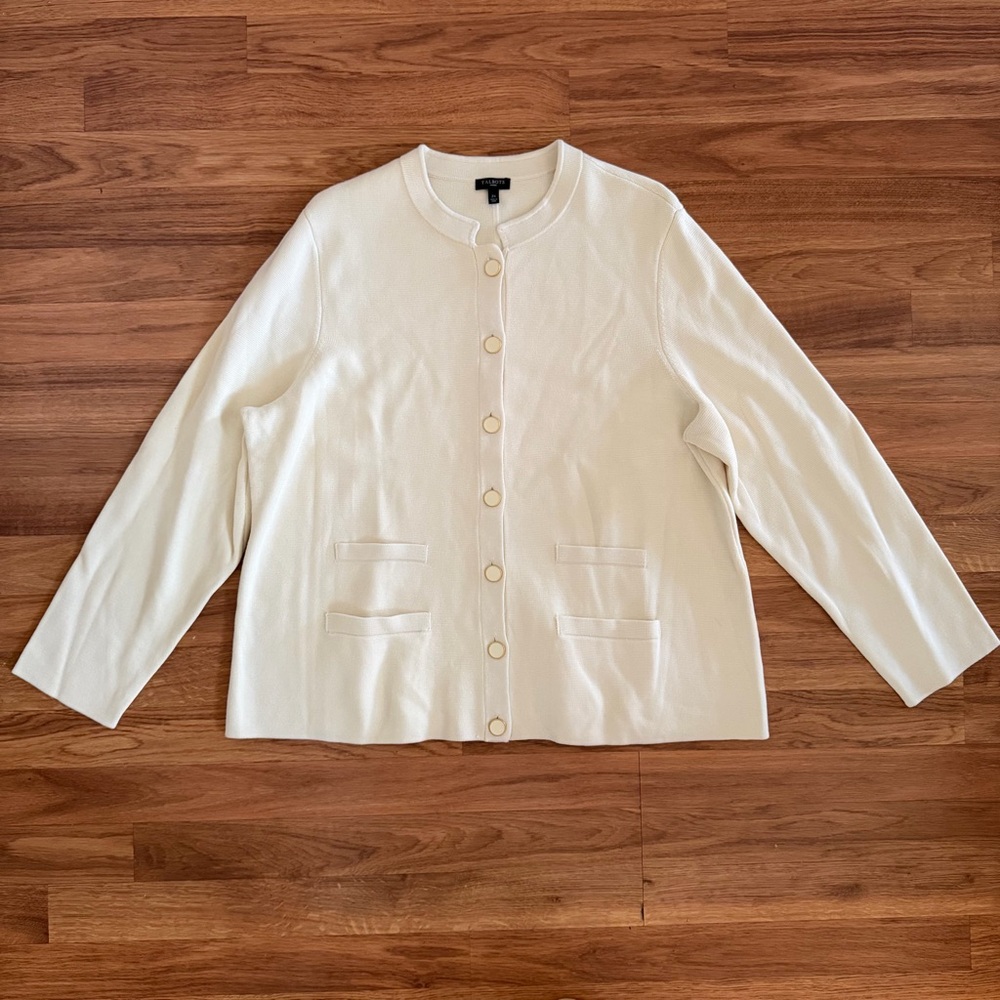 Talbots Woman Size 2X Button Front Knit Cardigan Ivory Career Modest Minimalist